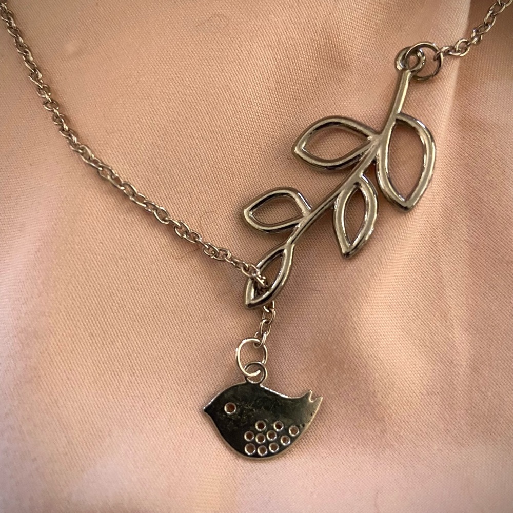 Silver-tone Floating Bird in Tree Necklace